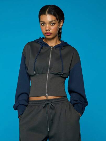 COUREZ 撞色修身连帽衫，收腰设计 / Y2K 春季女装连帽衫，多色连帽衫，休闲外出穿搭，夏季节日穿搭