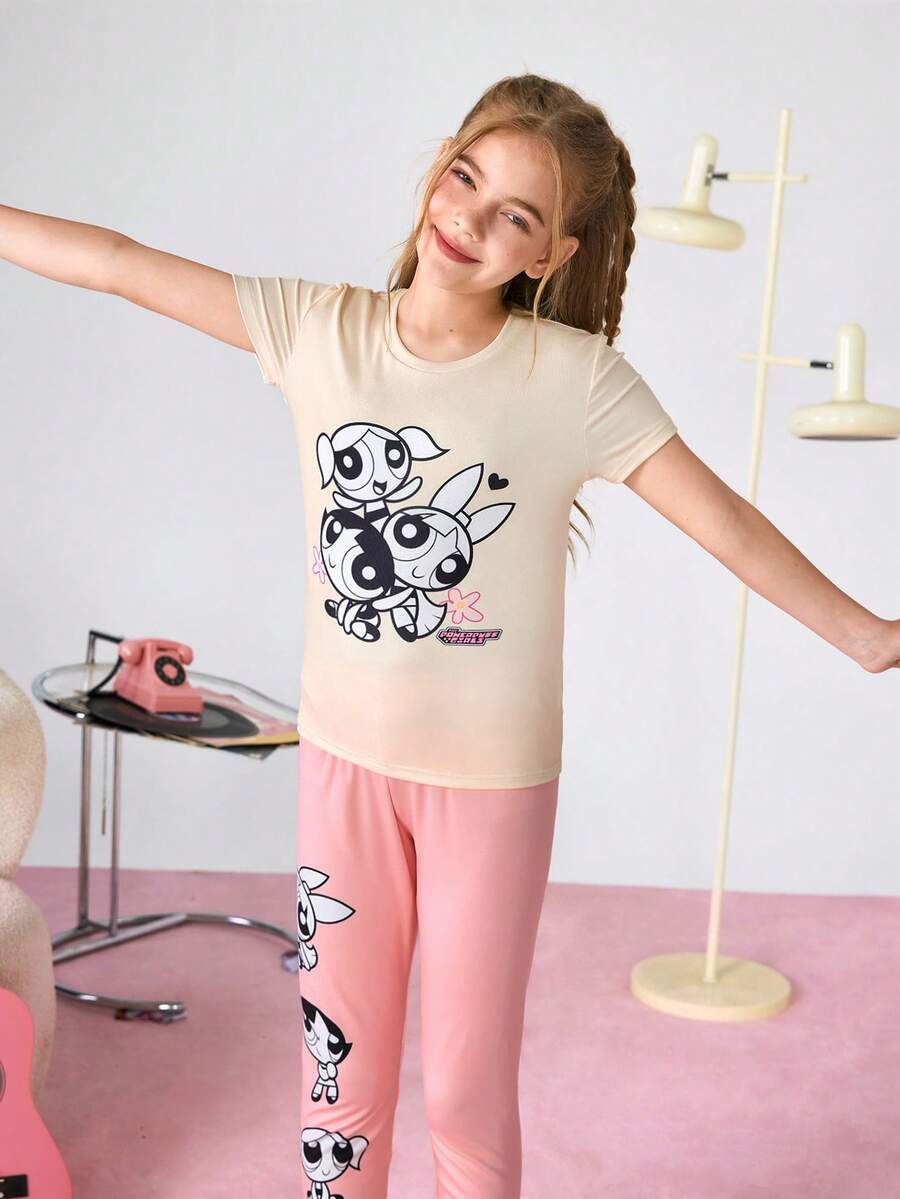 THE POWERPUFF GIRLS X SHEIN Tween Girl Cartoon Print Short Sleeve Top And Leggings Pajama Set - Apricot - View 1