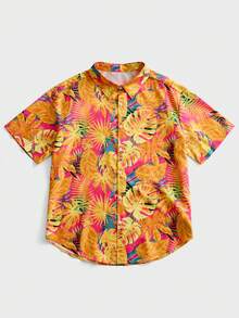EASEVO Plus Size Men's Tropical Plant Print Short Sleeve Single-Breasted Casual Shirt - Multicolor - View 6