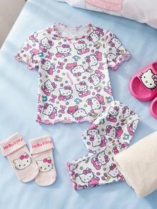HELLO KITTY AND FRIENDS | SHEIN 女婴卡通印花短袖上衣和裤子睡衣套装 - 白色 - 查看 1