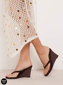 SHUZIA Sandal đế xuồng dáng rộng tối giản bằng da lộn giả, dành cho nữ. - Cà phê nâu - Xem 2