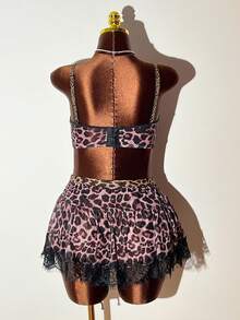 Bare Chapter 3pcs Women's Sexy Lace Patchwork Leopard Print Contrast Color Lingerie Set - Multicolor - View 2