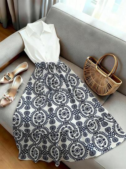 GlowEve Women's Blue & White Printed Patchwork Design 2 In 1 Shirt Collar Cinched Waist A-Line Dress, Suitable For Vacation, Daily Wear, Commute, Charming And Elegant, Fashion Date, French Street Style, Retro Versatile, Short Sleeve White & Blue & White Printed Patchwork New Mid-Length Shirt Dress