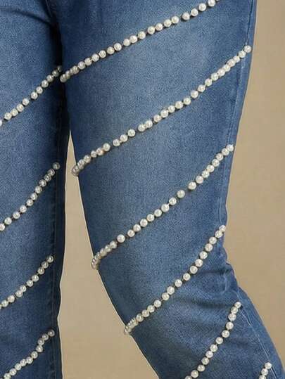 Slaydiva Summer Plus Size Pearl Contrast Color Slim Fit Mid-Waist Jeans Party Casual Summer Vacation Outfits For Women Jeans