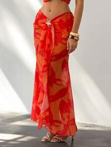 Bluhae Fashionable Sexy Vacation Print Metal Buckle Asymmetrical Hem Women Skirt - Orange - View 4