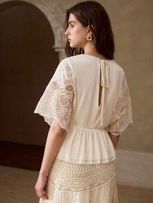 MOTF PREMIUM FASHIONABLE EXQUISITE DESIGN EMBROIDERED LACE BATWING SLEEVE ROUND NECK SHORT SLEEVE WOMEN TOP T-SHIRT - Apricot - View 6