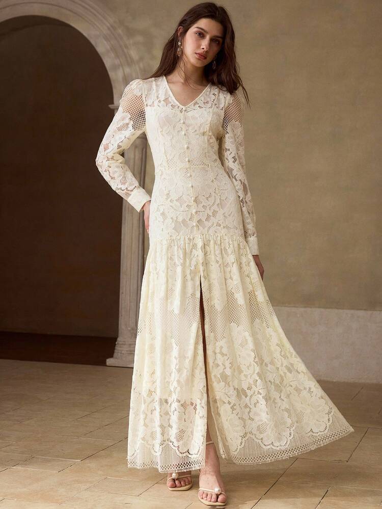 WOMEN'S ROMANTIC V-NECK LACE EMBROIDERED LONG DRESS