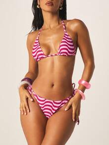 MISSGUIDED 女士三角比基尼套装，波浪印花挂脖上衣和系带泳裤，夏季沙滩泳装两件套 - 粉色 - 查看 5
