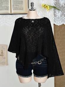 SHEIN ICON 大码女式黑色不对称下摆宽松薄纱罩衫 - 黑色 - 查看 7