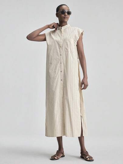 Ontre 2026SS Summer New Women's Long Dress, Camel/Khaki Color, Comfortable Soft Woven Fabric, Loose Bat-Wing Sleeve, Button Decor, Modest Urban Chic Business Casual Office Wear, Low-Key Retro Elegant Vibe, High-Quality Airport/Cruise Outfit, Wedding Guest Attire, Minimalist Luxurious Feel, Versatile All-Season Vacation Holiday Dress