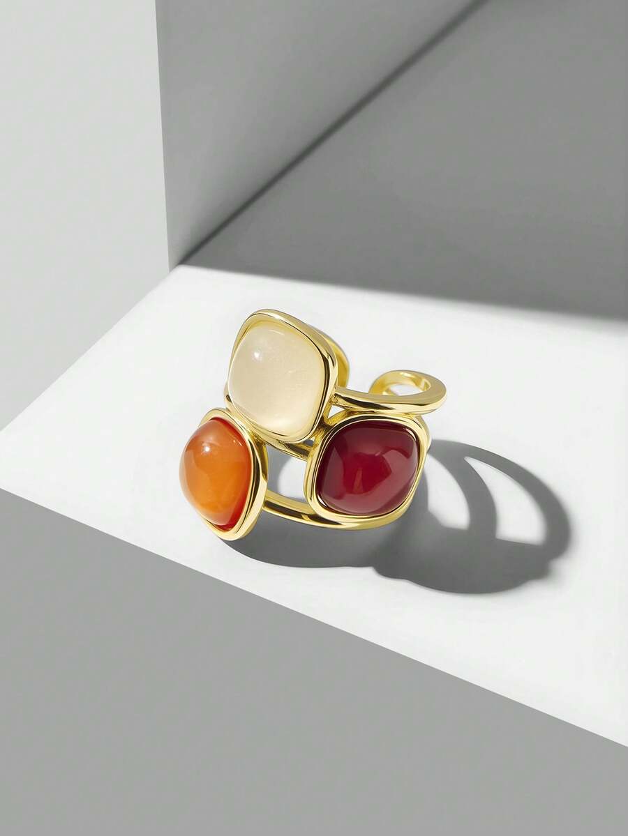 MOTF PREMIUM PRE-18K镀金几何方形三色个性化戒指 - 彩色 - 查看 2