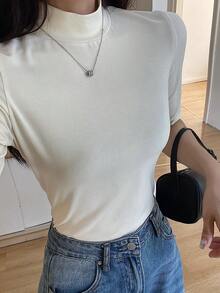 DAZY Women's Mock Neck Fitted Half Sleeve T-Shirt - White - View 2