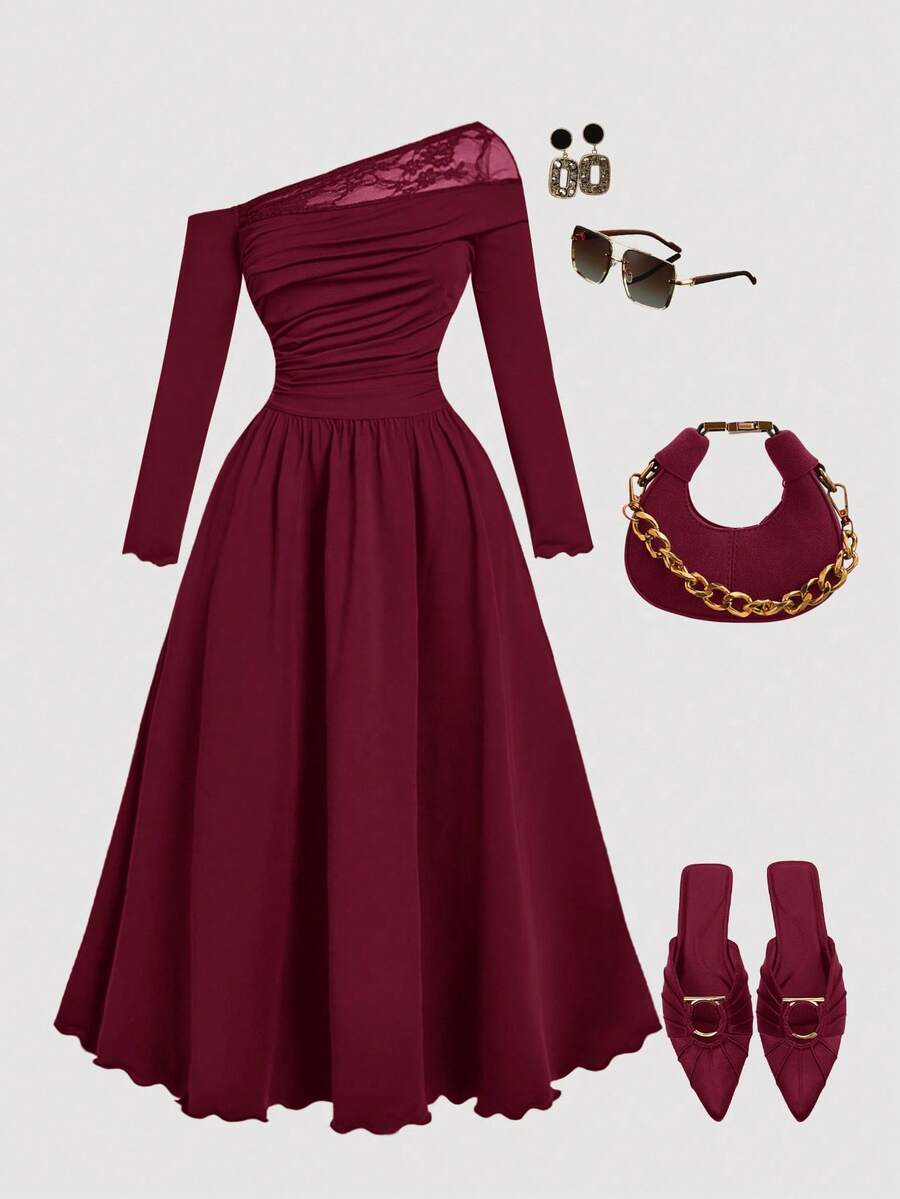 SHEIN MOD Đầm trễ vai phối ren màu đỏ rượu vang cổ điển cỡ lớn dành cho phụ nữ - Màu Đỏ Sâu - Xem 1