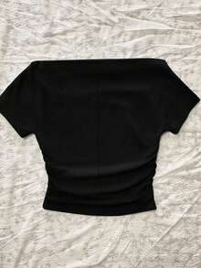 Glimmora 夏季刺绣花卉露肩短袖修身女式T恤 - 黑色 - 查看 2