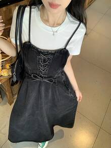 FRIFUL 女士系带褶皱时尚百搭约会/旅行牛仔吊带裙 - 藍色 - 查看 6