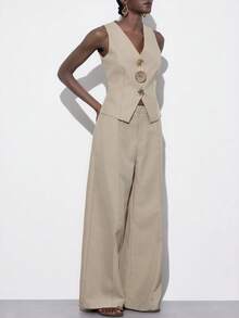 Aveloria Modichic 女士不对称金属扣无领修身背心和直筒裤两件套 - 卡其色 - 查看 3