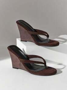 SHUZIA Sandal đế xuồng quai ngang tối giản bằng da lộn giả dành cho nữ - Màu nâu Sô-cô-la - Xem 7