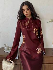 EastFlair Women's Leaf Print Blouse With Slit Design, Fashionable Versatile Long Sleeve Shirt For Daily Wear - Burgundy - View 4
