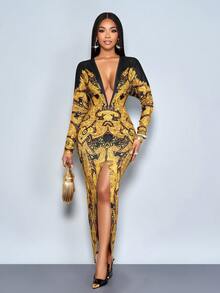 SOLERSUN 秋冬女装：优雅迷人，是派对和聚会的完美之选。黑金印花，弹力面料，深V领，长袖，胸部和臀部褶裥设计，前开衩，长款连衣裙 - 黃色 - 查看 1