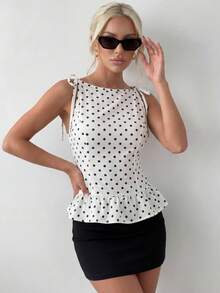 Ritzy Row Áo kiểu nữ chấm bi đen trắng ôm dáng, có dây buộc vai và viền bèo nhún, thích hợp cho mùa hè. Trang phục công sở thời trang, đa năng và phong cách, trang phục chuyên nghiệp cho giáo viên thành thị. - Màu be - Xem 8