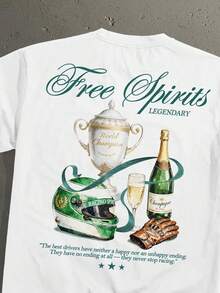 StoneGrade 复古美式赛车冠军奖杯图案宽松短袖T恤，时尚休闲，适合约会和聚会，是送给男朋友的理想礼物 - 白色 - 查看 3