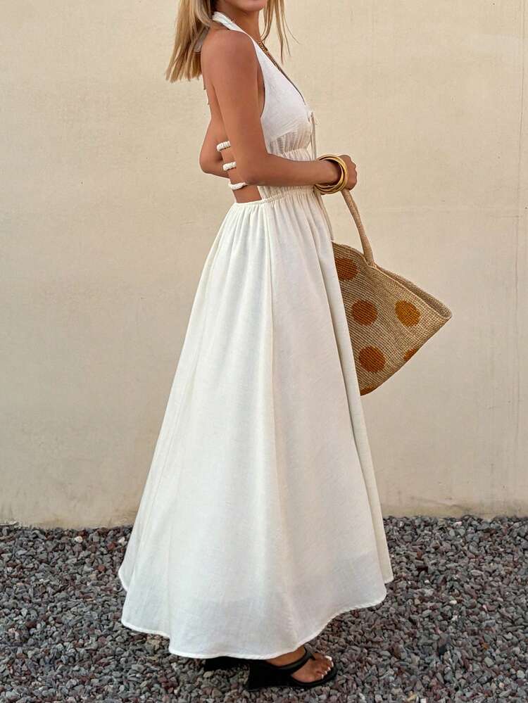 White Lace-Up Backless Midi Dress, Suitable For Summer Vacation