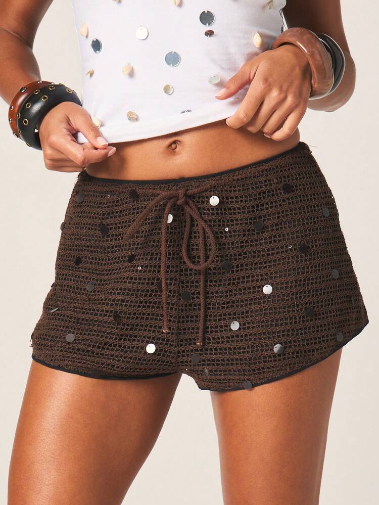 MISSGUIDED Sparkling Sequin Knit Mini Shorts With High Rise Waist And Drawstring Tie Detail For Holiday Party Events