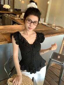 DAZY Women's Ruffled Polka Dot Korean Style Summer T-Shirt - Black - View 7