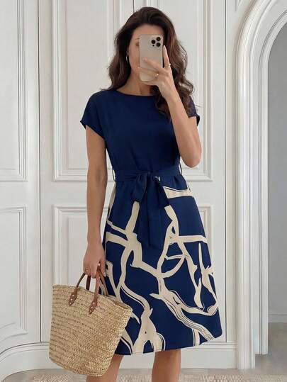Medorina 女士休闲印花拼接连衣裙，适合夏季，商务休闲女装，春夏休闲穿搭