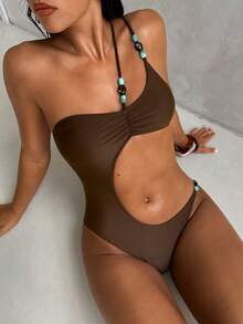 Aloruh 女士连体泳衣，带肩带和腰部镂空串珠装饰 - 咖啡棕 - 查看 10