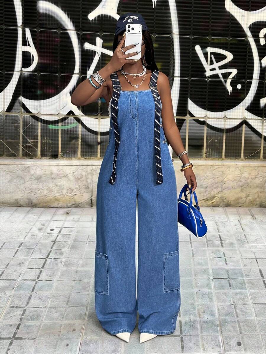 Slaydiva Bộ áo liền quần denim không tay cổ vuông thời trang dành cho nữ, thích hợp cho mùa hè. - Màu xanh lam - Xem 1