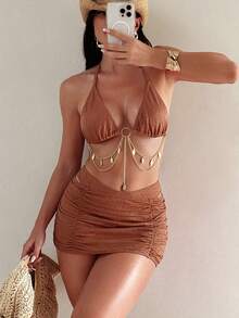 Swim SXY 女士性感纯色露背吊带金属吊坠比基尼套装，搭配纯色百褶迷你裙，优雅三件套泳装，适合海滩度假，春夏秋季皆宜。 - 棕色 - 查看 4