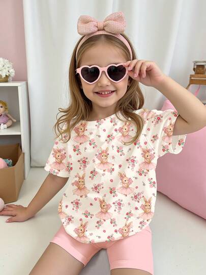 SHEIN Cream White & Cream Pink, Spring/Summer Bohemian Floral Bouquet, Bow Bunny Print, Young Girls Casual Soft Loose Round Neck Short Sleeve T-Shirt And Tight Cycling Shorts, Suitable For Spring/Summer Daily, Home, Holiday, Easter, Farm, Outdoor, Picnic