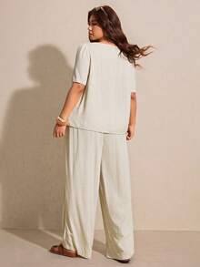 Elaquor 大码女式甜领短袖宽松衬衫和阔腿裤休闲两件套 - 杏色 - 查看 2