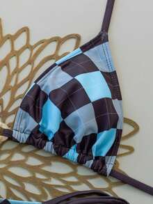 Swim Mod 女士格子印花挂脖系带比基尼两件套泳衣，适合海滩度假，春夏款 - 彩色 - 查看 4