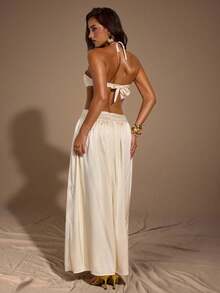 SHEIN BAE Women's Solid Color Halter Tie Backless Metallic Decor Ruched Dress, Fashionable For Party And Events Cream Dress Goddess Dress - Apricot - View 5
