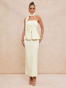 Lumalex Women's Elegant Apricot Sleeveless Cropped Top With Bow Tie Design + Women's Elegant Apricot Slit Fitted Skirt, Spring/Summer - Apricot - View 8