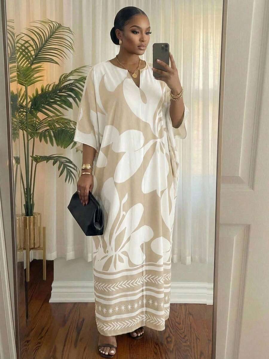 SHEIN Lady 大码女式V领碎花休闲连衣裙，适合派对和日常穿着 - 彩色 - 查看 1