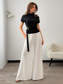 EURMUSE 女士，春季，夏季，波西米亚风，休闲，白色上衣和白色裤子套装，全白两件套，女士白色套装，单色白色套装，白色无袖上衣搭配白色阔腿裤，白色高腰裤搭配白色衬衫，优雅白色家居服套装，简约白色夏季套装，白色度假套装，白色办公室到晚宴套装，白色修身上衣和裤子，时尚白色上衣套装，白色休闲时尚两件套 - 黑與白 - 查看 3