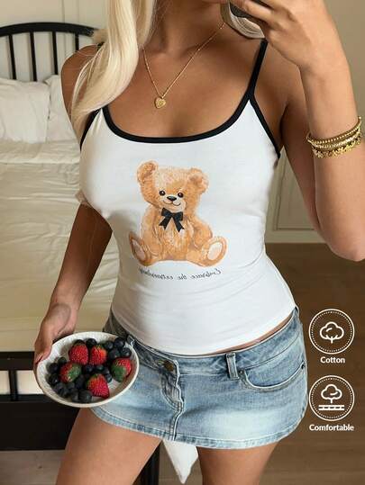 CovetEZ Women's Casual Wear 2026 New Style Home Casual Sweet And Cute Pure And Alluring Letter Cartoon Bear Print Casual Home Cute Cami Top