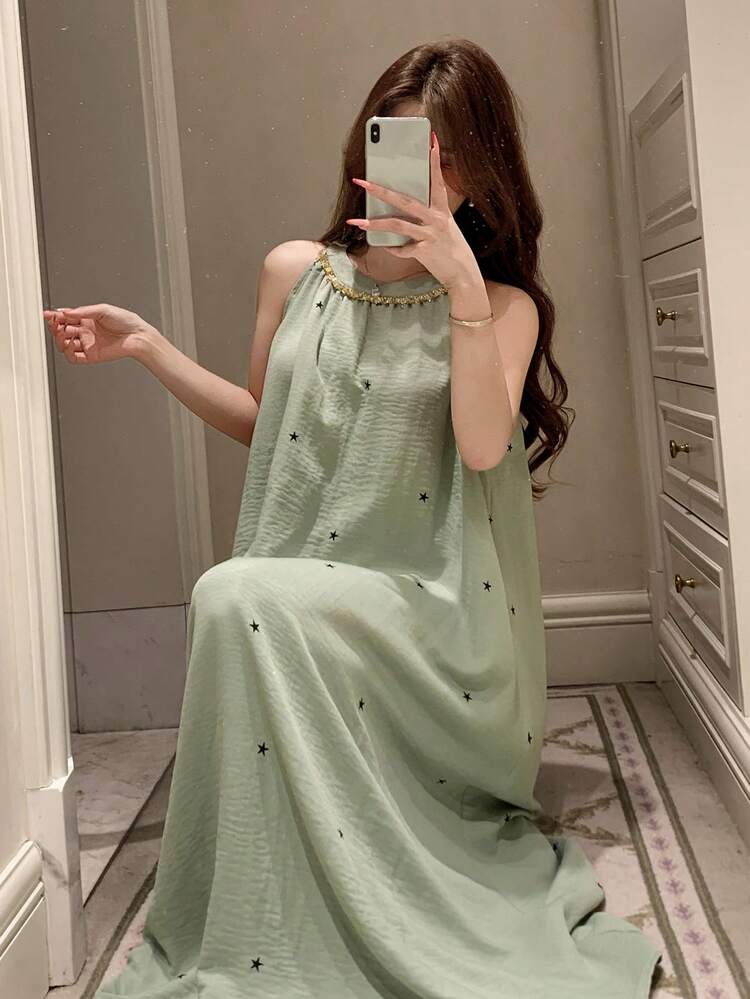 Summer Vacation Sequin Beaded Ruffle Trim Star Print Loose A-Line Women Nightgown