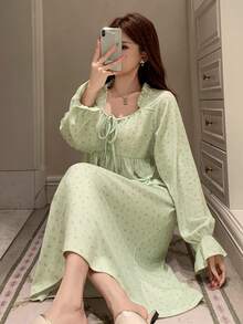 DAZY Sweet Ditsy Floral Frill Trim Long Sleeve Dress, Women Spring Sleepwear Pajamas - Green - View 1
