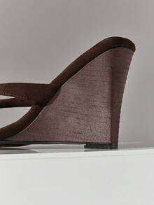 SHUZIA Sandal đế xuồng quai ngang tối giản bằng da lộn giả dành cho nữ - Màu nâu Sô-cô-la - Xem 6