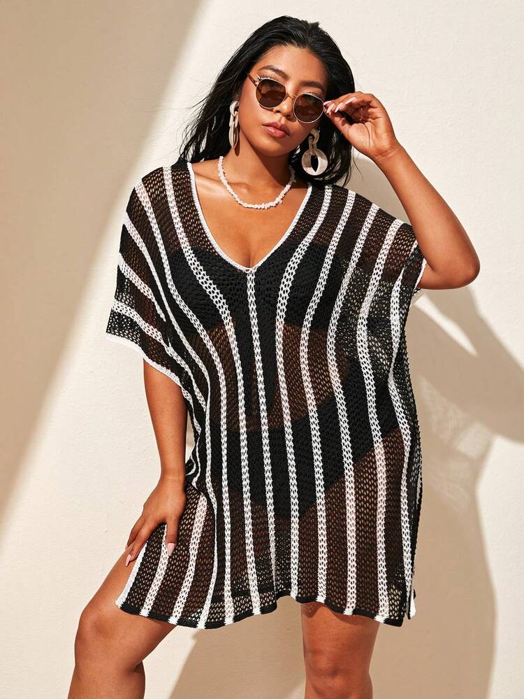 Plus Size Women's Patchwork V-Neck Striped Split Shoulder Knitted Mid-Long Casual Loose Beachwear Cover Up, Suitable For Summer Beach