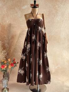 Soleia Women's Minimalist Print Halter Dress, Vacation Style Graphic  Floral Dresses For Women Holiday Dress - Brown - View 4