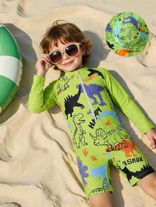 SHEIN 2pcs Baby Boys' Cartoon Dinosaur Long Sleeve Romper Swimsuit With Fisherman Hat,Shades Of Green,Summer,Cute,Vacation,Holiday Sun Protection Beachwear - Green - View 5