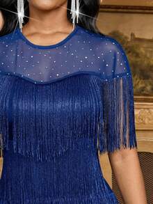 SHEIN Lady Elegant klänning med flera lager och tofsar i enfärgad kontrastfärg för kvinnor - Kungsblått - Visa 7