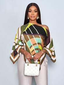 SOLERSUN 女士春夏休闲优雅杏色印花不对称领口不对称下摆衬衫，露肩开衩袖设计，宽松时尚。几何花卉印花蝙蝠袖，全新百搭款式。适合春夏穿着，日常通勤及外出活动皆宜。 - 軍綠色 - 查看 3