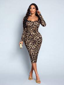 SOLERSUN 女士性感优雅撞色蕾丝豹纹方领修身中长裙，优雅通勤、休闲、约会、派对、性感浪漫，适合情人节、万圣节派对、春夏穿着。 - 棕色 - 查看 3