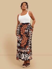 Travachic Plus Size Women's Solid Color Vest Patchwork Print Dress, Wrap Tie Waist Dress, Holiday Casual Beach Dress Plus Size Resort Wear - Multicolor - View 6